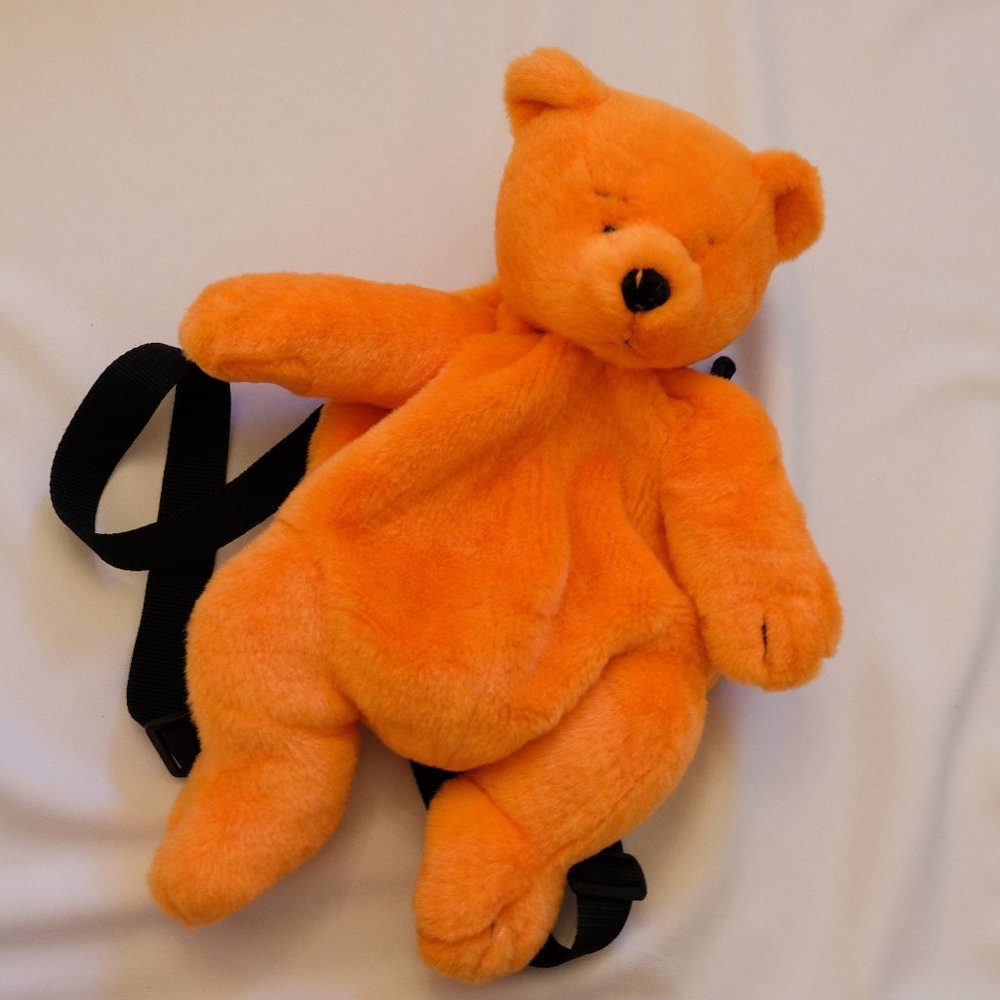 90's Bright Orange Teddy Bear Plush Backpack 🧸🍊